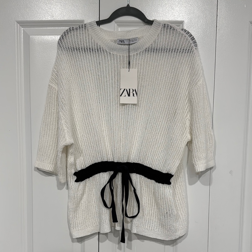 Zara Cream Knit Sweater with Black Waist Tie